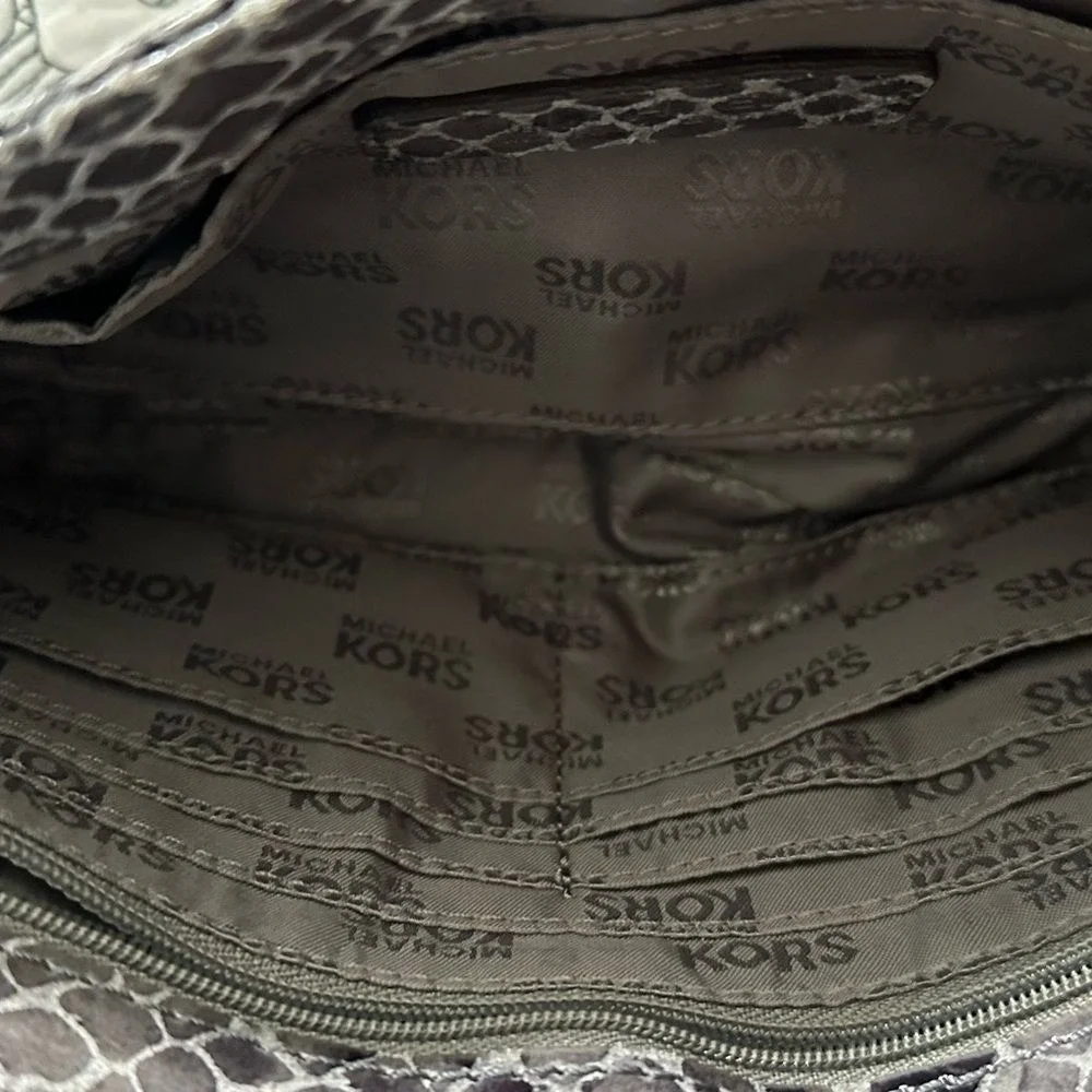 Michael Kors Grey Snakeskin‎ Embossed Shoulder Bag Silver MK Logo Chain Strap